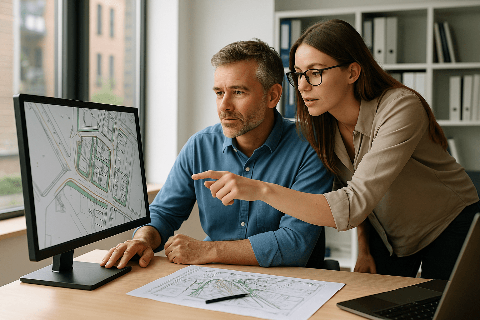 Projektleitung prüft Pläne am Bildschirm